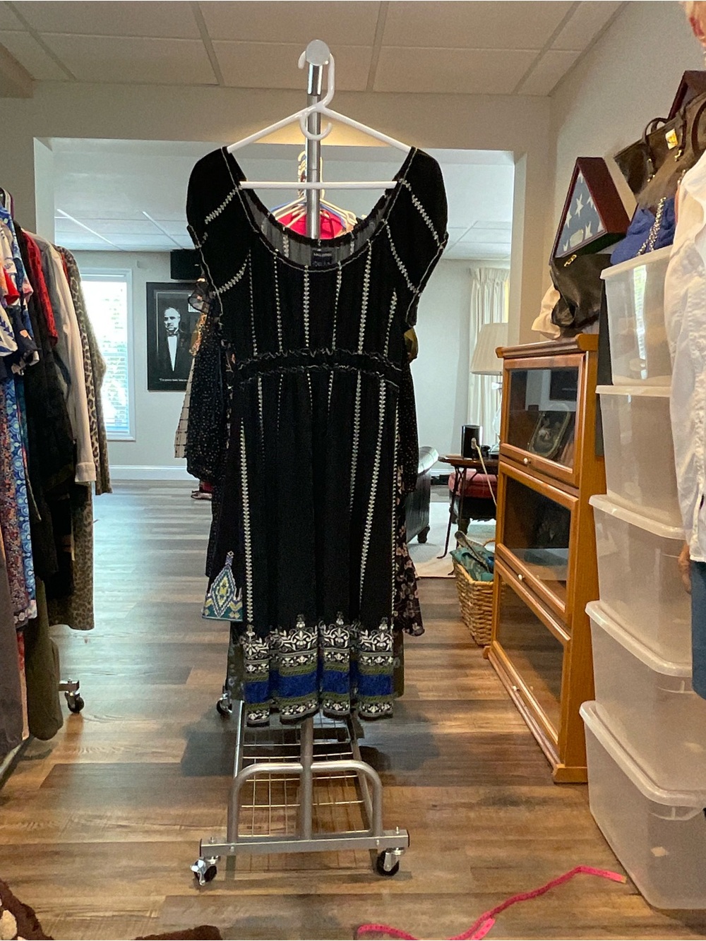 Max Edition Black Midi Dress with Blue & White Border Embroidery